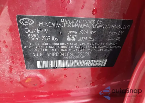 2020 Hyundai Elantra Sel z USA, uszkodzony, nr VIN 5NPD84LF6LH555382